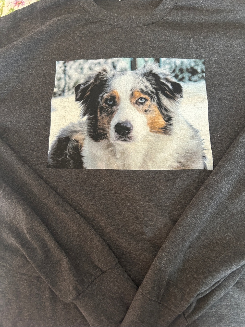 Hanes Dark Gray Crewneck Sweatshirt with Australian Shepherd Photo
